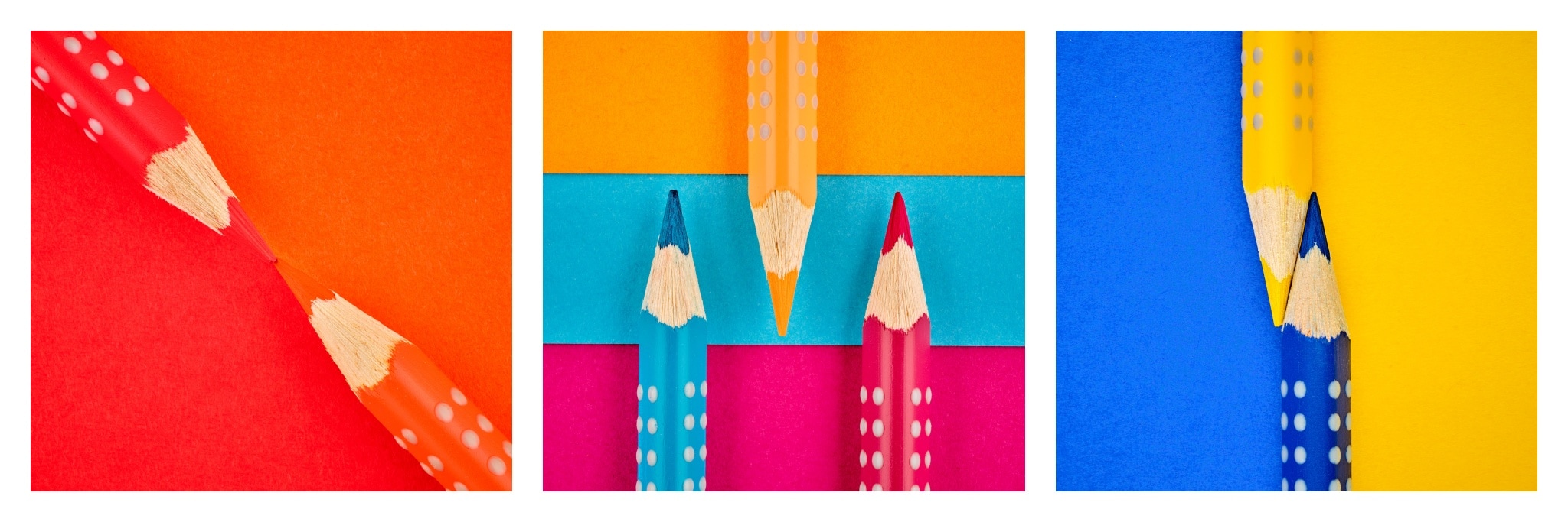 Kristian Dill Photographe Produit Packshot Crayon Couleur Faber Castell Rouge Jaune Bleu Rose Orange Triptyque